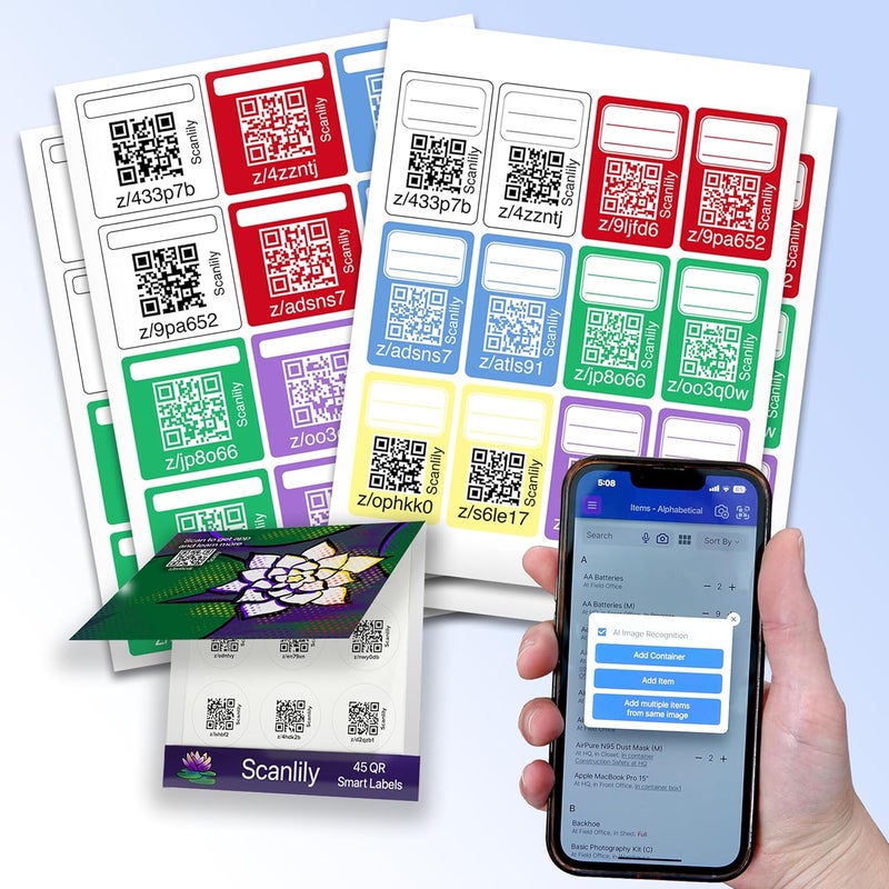 Scanlily Smart QR Label System Using AI for Storage Bins, Moving and Organization - Variety Pack - 93 Total Stickers (24 Rectangles and 24 Squares in six Colors, 45 Small White Circles) - Image 1